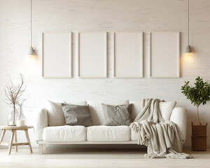 Set of 4 frame mock-ups, 4 white hollow stylish frame mock-ups on the wall in the living room, 3d render, for wall art