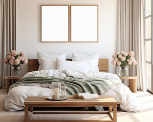 Set of 2 frame mockup in scandinavian style bedroom, for wall art, hollow frame, 3d render