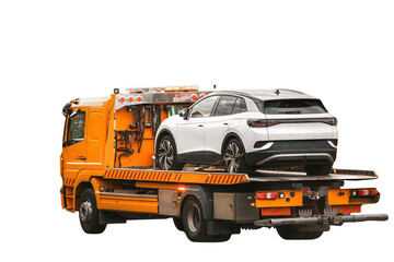 Isolated tow truck on white background. The Tow truck with the broken family car on the road. Car...