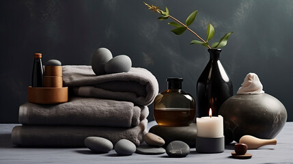 Spa composition with spa stones, towels, candles and bottles of oils. Spa items on a gray marble...