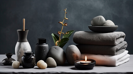 Spa composition with spa stones, towels, candles and bottles of oils. Spa items on a gray marble table, gray background. Relaxation and health concept