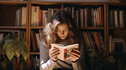 Youg woman reading book at library, bookstore while buying some good literature, read books to broaden your knowledge - obrazy, fototapety, plakaty