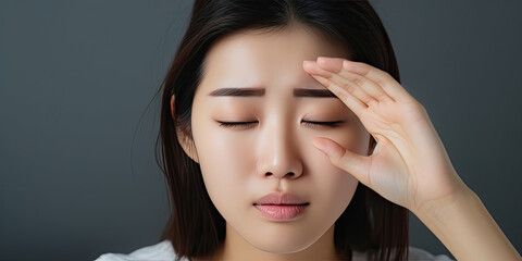 Fototapeta premium Lack of sleep problem, Worried Asian young woman with dark circles under her eyes