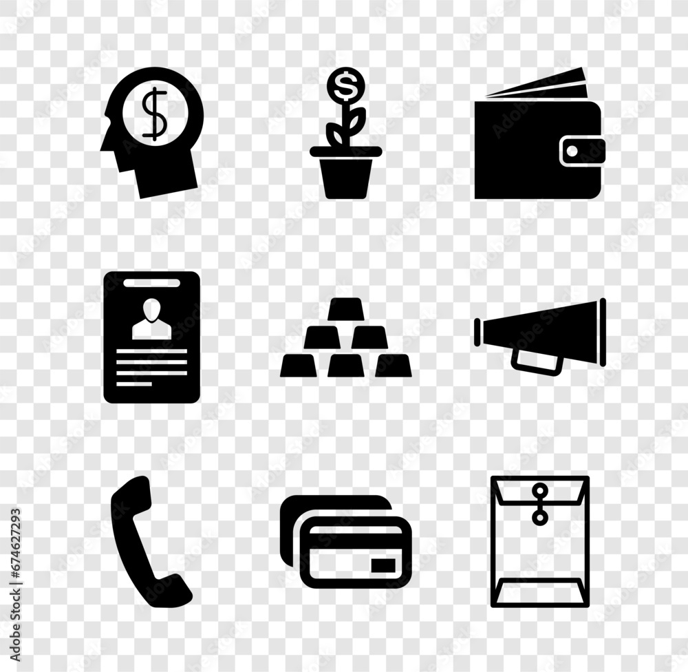 Sticker set business man planning mind, dollar plant the pot, wallet, telephone handset, credit card and env