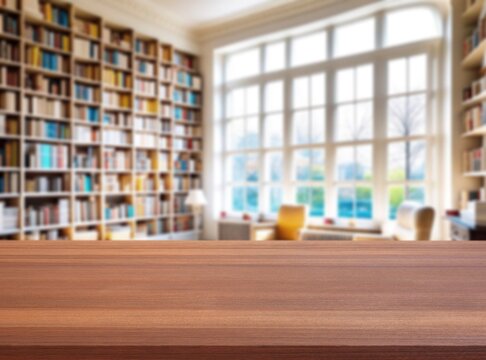 Wooden empty desk on library with bookshelf background, AI generated image