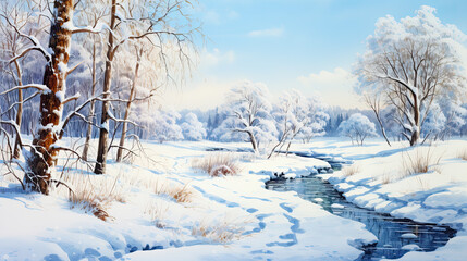 Watercolor landscape, snowy landscape on a sunny day.