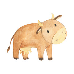 Watercolor illustration of farm animals. Cartoon drawing of a cow