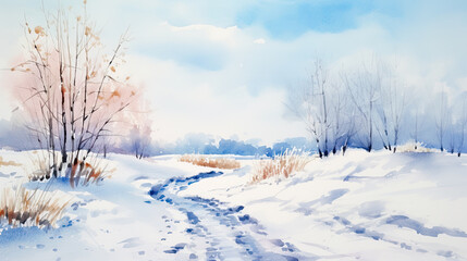 Obraz na płótnie Canvas Watercolor landscape, snowy landscape on a sunny day.