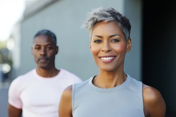 Obraz premium Adult international couple in sports outfits looking at camera with energetic cheerful smile. Happy loving mature man and woman jogging or exercising outdoors. Healthy lifestyle in urban environment.