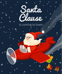Santa Claus is piloting a plane with gifts. Santa came to town by airplane dropping present
