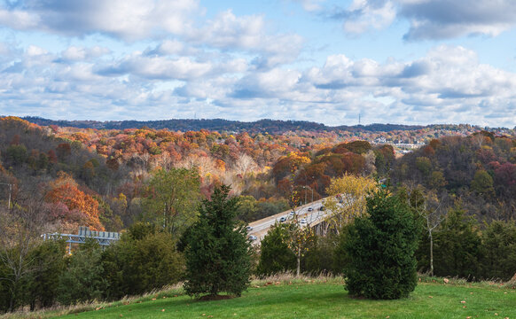 A view of Frick Park with State Route 376, the parkway east passing through it as seen from the Summerset neighborhood on a sunny fall day