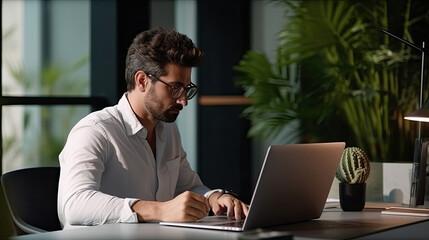 Modern Office Businessman Working on Computer. Portrait of Successful Latin IT Software Engineer Working on a Laptop at his Desk. Diverse Workplace with Professionals.