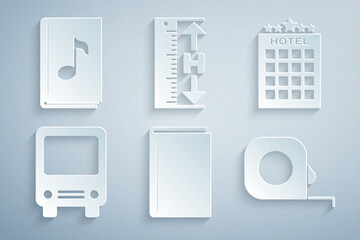 Set Book, Hotel building, Bus, Roulette construction, Measuring height and length and Audio book icon. Vector