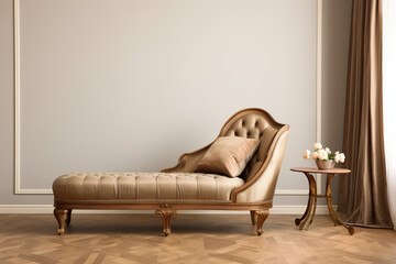 Antique chaise lounge in an elegant reading nook in classic muted tones