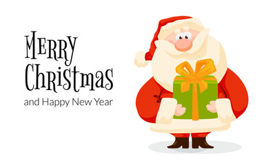 Funny cartoon Santa Claus with gifts box. Christmas card with Santa present. Christmas and New Year vector illustration