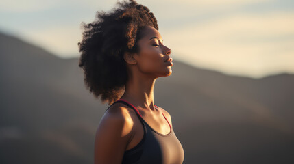 A black woman with curly hair meditates with mountains view. Girl with closed eyes try to relax....