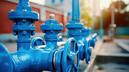Closeup new blue taps with valve for drinking water pipeline
