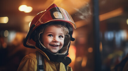 A Kid wears yellow suit, smiles, imagines to be a firefighter. Orange bokeh background. Future dream profession. Copy space. Ai generative