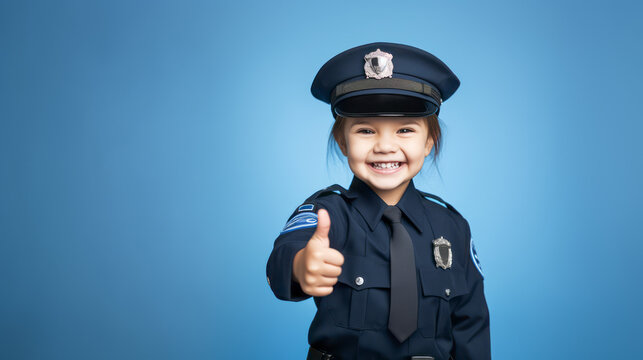 A smiling kid girl in police man uniform costume. Concept of future job. Blue background copy space. Ai generative