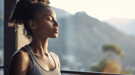 A black woman with curly hair meditates at the fresh air. Girl with closed eyes try to relax. Wears the sport suit. Yoga and fitness concept. Mountains background. Ai generative.