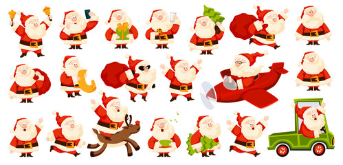 Santa Claus Christmas and New Year set. Funny, sad and secret Santa . Flying plane, driving car, giving gifts, waving, - obrazy, fototapety, plakaty