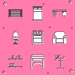 Set Chest of drawers, Big bed, Office desk, chair, Oven, Armchair, Shelf with books and Chair icon. Vector