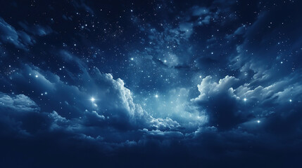 Naklejka na ściany i meble Black dark blue night sky with stars. White cumulus clouds. Moonlight, starlight. Background for design. Astrology, astronomy, science fiction, fantasy, dream. Storm front. Dramatic.