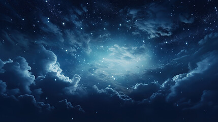 Naklejka na ściany i meble Black dark blue night sky with stars. White cumulus clouds. Moonlight, starlight. Background for design. Astrology, astronomy, science fiction, fantasy, dream. Storm front. Dramatic.