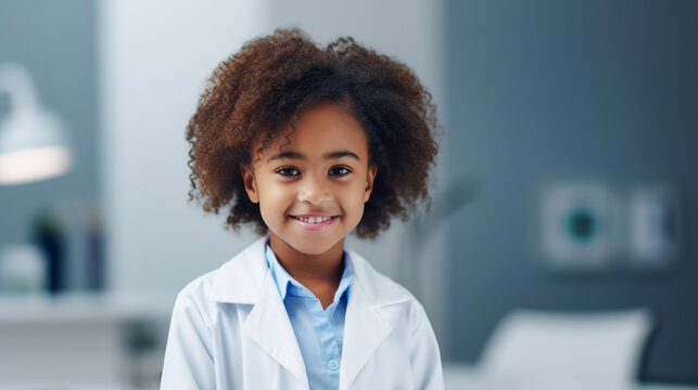 Cute smiling Black kid girl playing doctor in doctors scrub suit. Dream of future profession. Copy space. Ai generative.