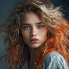 Fototapeta premium Fashion portrait closeup of a beautiful woman, with natural makeup and wavy hair. Style, fashion, beauty