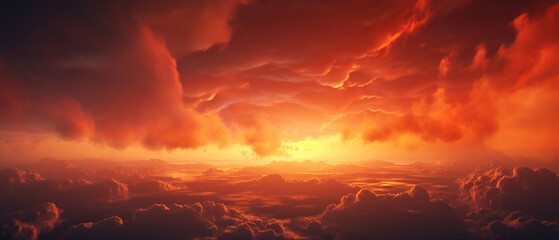 Obraz premium Bright red sunset. Dramatic evening sky with clouds. Fiery skies with space for design. Magic fantasy sky. War, battle, terror, world apocalypse, horror concept.