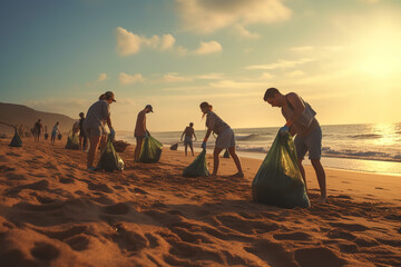 Amazing eco volunteers cleaning beach from plastic with trash bags at seashore