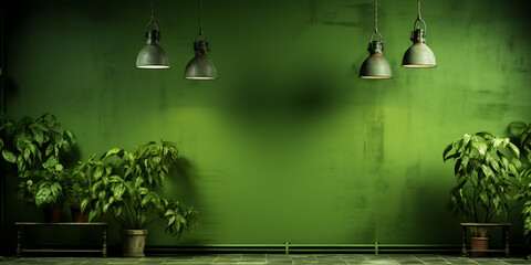 Green background image, white tones with a play of light and shadow on the wall and floor