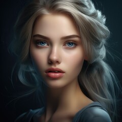 Naklejka premium Fashion portrait closeup of a beautiful woman, with natural makeup and wavy hair. Style, fashion, beauty