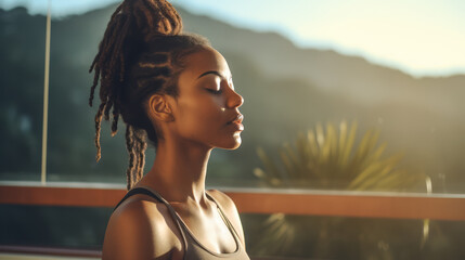 A black woman with curly hair meditates at the fresh air. Girl with closed eyes try to relax. Wears the sport suit. Yoga and fitness concept. Mountains background. Tropical location. Ai generative. - obrazy, fototapety, plakaty