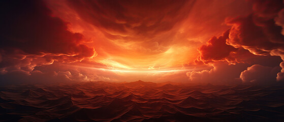 Bright red sunset. Dramatic evening sky with clouds. Fiery skies with space for design. Magic fantasy sky. War, battle, terror, world apocalypse, horror concept.