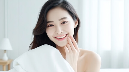 Portrait of a young beautiful Asian woman Happy cheerful relaxing in summer. Korean Asian makeup wakeup University Asia lifestyle concept - obrazy, fototapety, plakaty