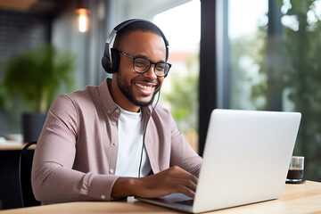 African male student wearing headphones and learning language on distance online at laptop. Sitting at desk at office. Black guy watching webinar, listening lecture. E-learning, remote education. - obrazy, fototapety, plakaty