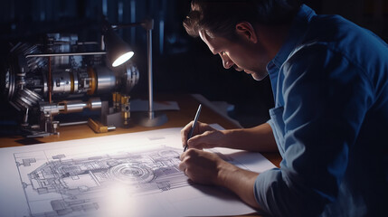 Engineer technician designing drawings mechanical parts engineering Engine manufacturing factory Industry Industrial work project blueprints measuring bearings caliper tools. - obrazy, fototapety, plakaty