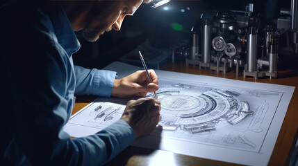 Engineer technician designing drawings mechanical parts engineering Engine manufacturing factory Industry Industrial work project blueprints measuring bearings caliper tools. - obrazy, fototapety, plakaty
