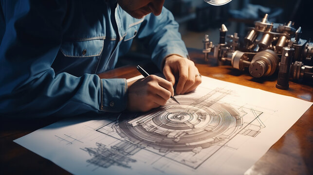 Engineer technician designing drawings mechanical parts engineering Engine manufacturing factory Industry Industrial work project blueprints measuring bearings caliper tools.