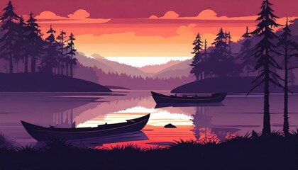 vector forest scenery in evening with lake and boat 