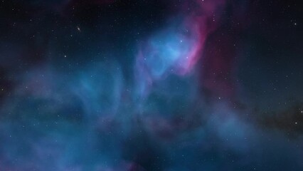 Flying Through The Stars And Blue Nebula In Space. Galaxy exploration through outer space towards glowing milky way galaxy