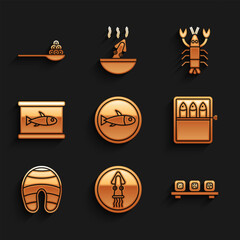 Set Served fish on a plate, Octopus, Sushi cutting board, Canned, Fish steak, Lobster and Caviar spoon icon. Vector