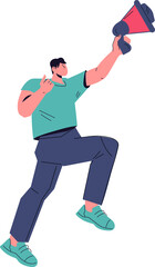 Commercial promotional concept for notifications and information. Man with a loudspeaker a symbol of leadership, communication, and influence on target audience.