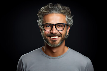 Handsome smiling mature man with curly hair and glasses in grey y-shirt standing isolated on black background in studio.