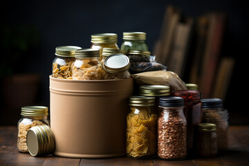 Donation box with different groceries, food donations on light background with copyspace - pasta, fresh vegatables, canned food