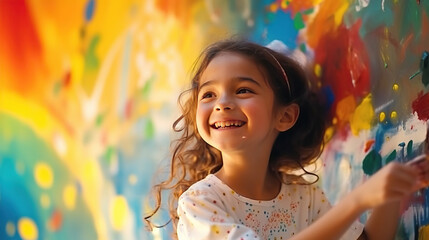 Little girl is painting the colorful rainbow and sky on the wall and she look happy and funny, concept of art education and learn through play activity for kid development. - obrazy, fototapety, plakaty