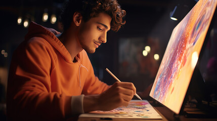 Inspired artist. Talented young man looking at the canvas while creating a masterpiece.