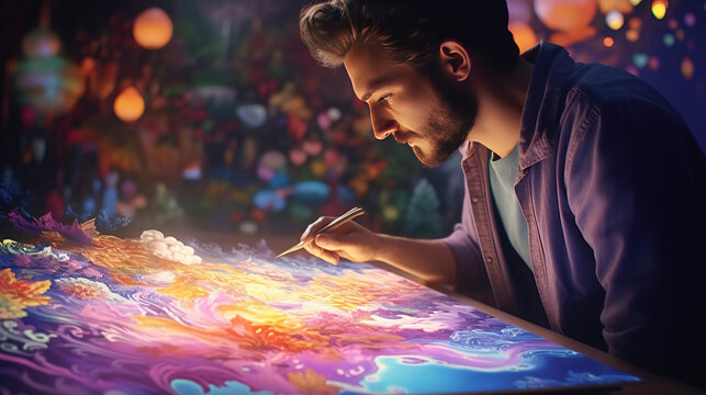 Inspired artist. Talented young man looking at the canvas while creating a masterpiece.